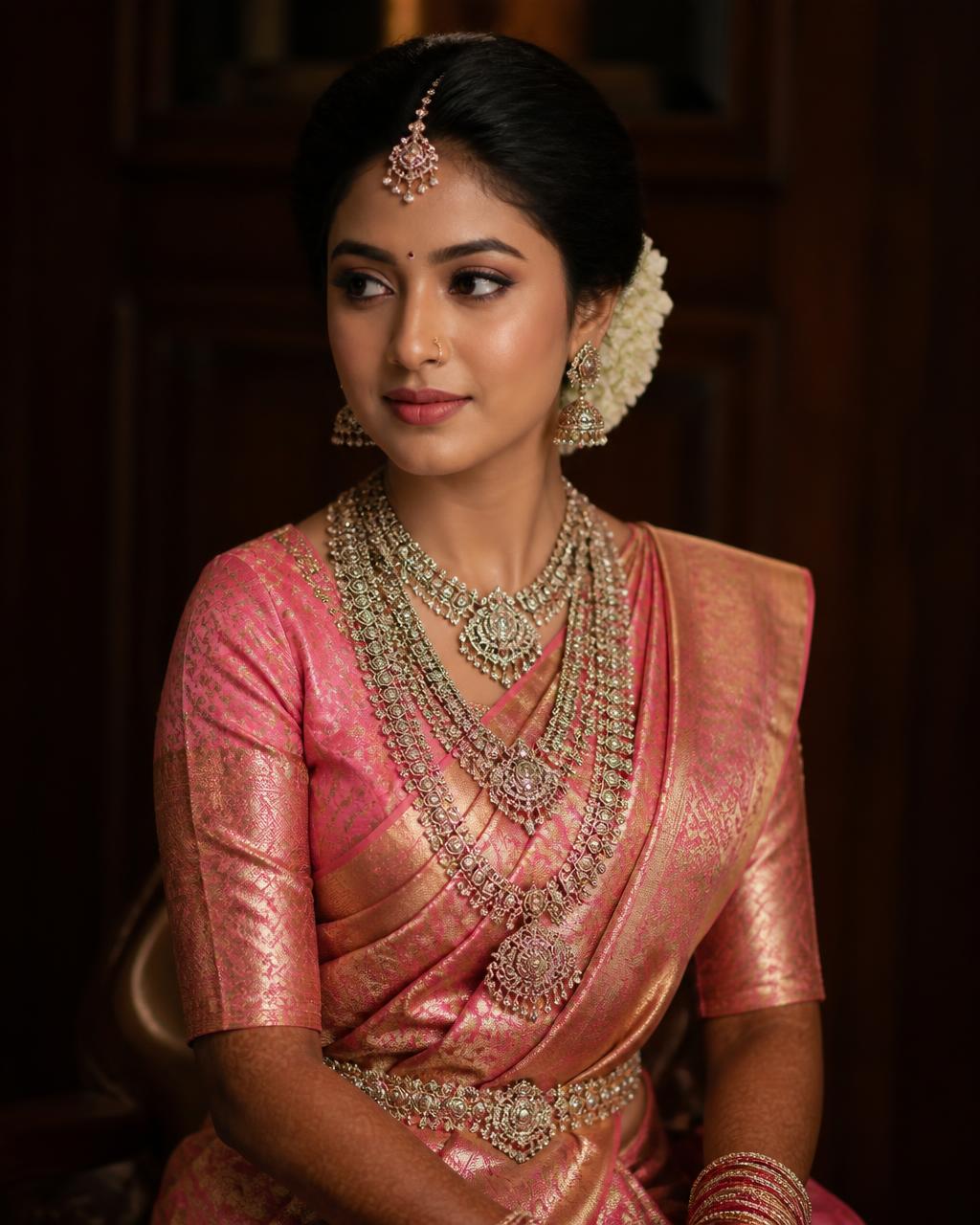 Klassischer Kanchipuram-Bridal-Look in Rosé & Gold