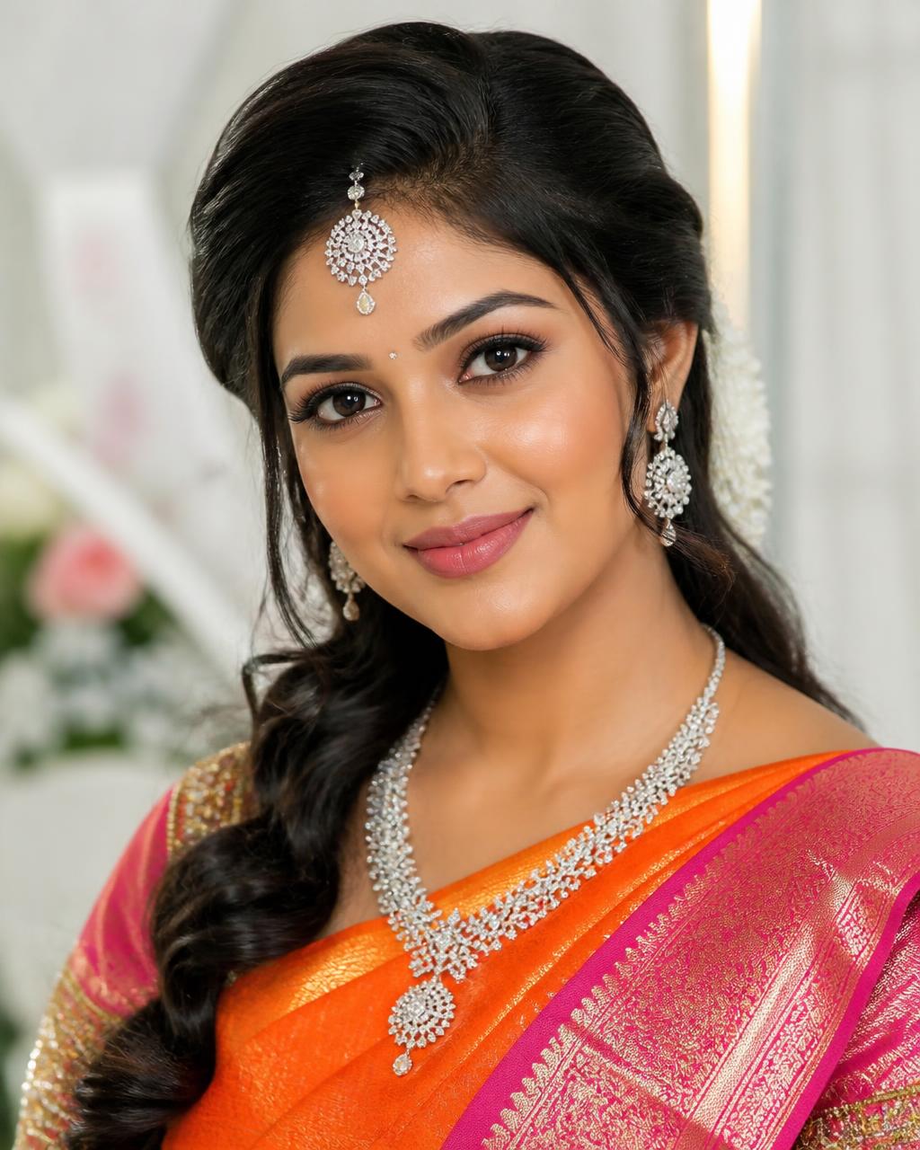 Reception-Look in Orange & Pink mit Diamantschmuck