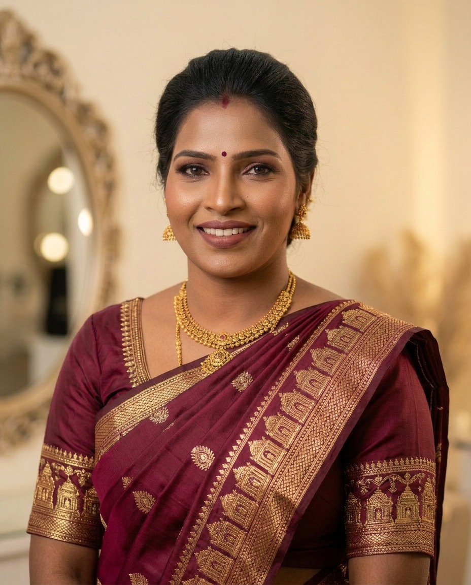 Sarniya, Inhaberin von TS Beauty Parlour, im Bordeaux-Sari mit Goldschmuck