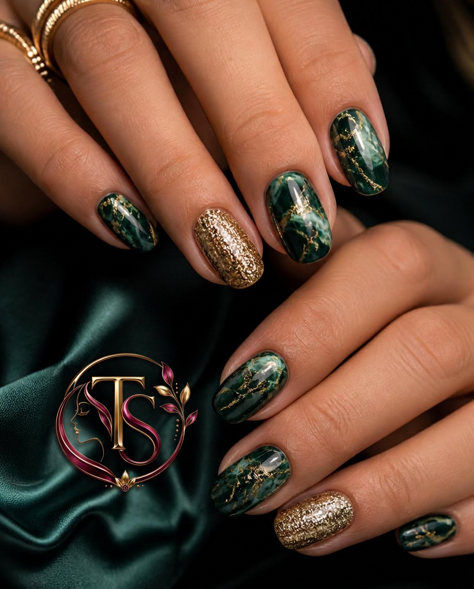Nail Art — Smaragd-Marmor mit Gold